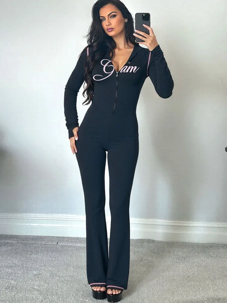 

SIsterlinda повседневный комбинезон женский с капюшоном для фитнеса с буквенным принтом на молнии для тренировок уличная одежда эластичный обтягивающий узкий тонкий комбинезон