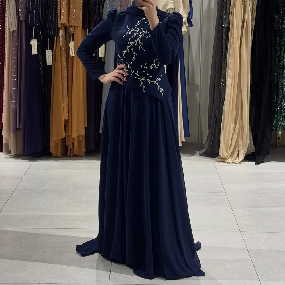 

Customized A-line Evening Dresses Floor-length High-neck Full Sleeve Prom Gown Fashion Crystal Simple Stole Draped Party Gown