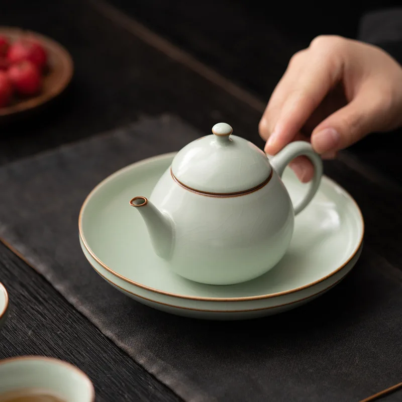 Azure Ru Ware Ceramic Teapot Single Xi Shi Pot Gracked Glaze Single Porcelain Kung Fu Tea Set Beige Tea Infuser Tea Kettle