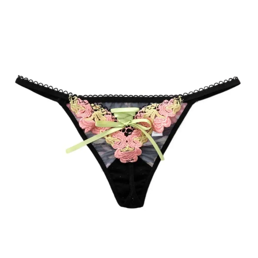 Soft Embroidery Lace Bow Thong Flower Underpants Lace Tied-up Panties G-String Seamless Women's Briefs Women