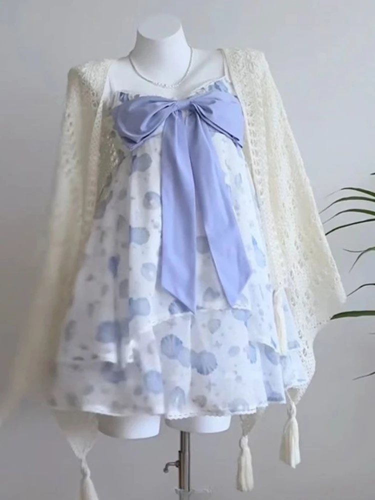 

2025 Summer Sweet Bow Loose 2-piece Set Women Design Kawaii Sling Sleeveless Print Dresses Fashion Elegant New Sun-proof Shawl