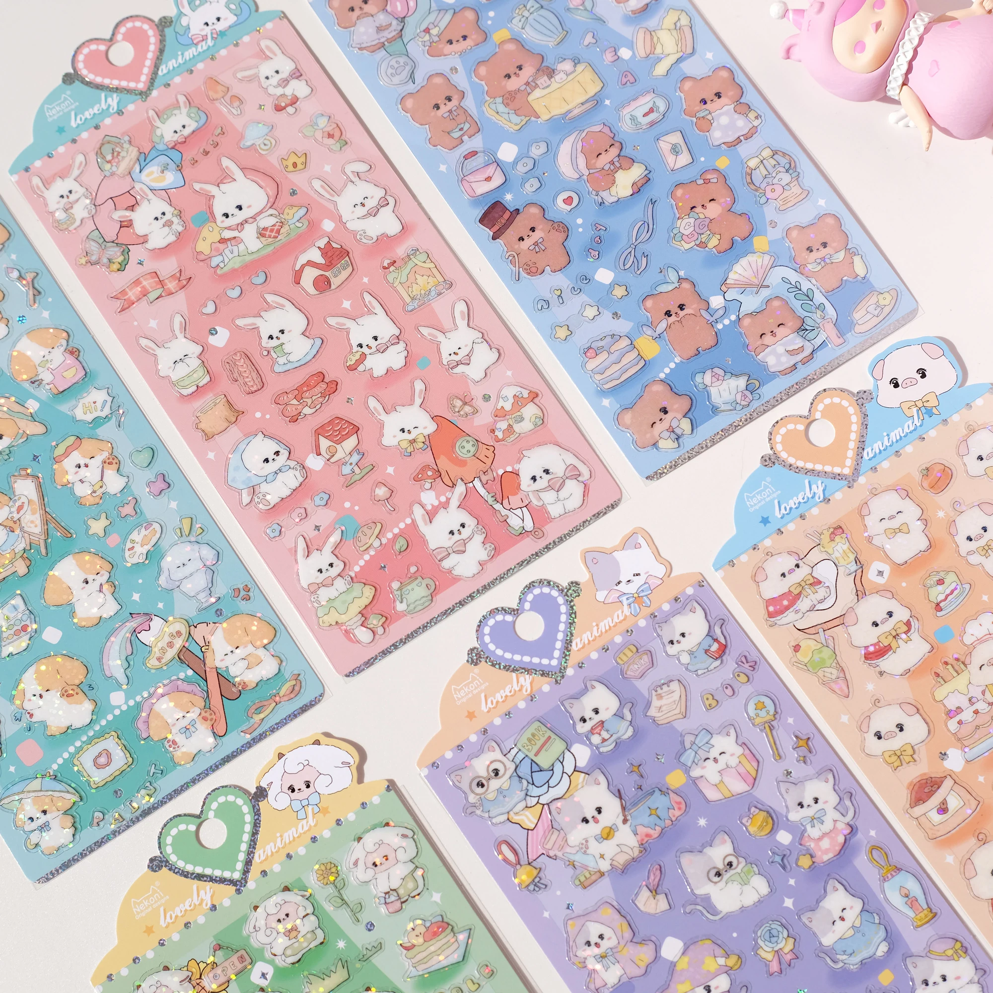Cute Animal Stickers Set Shining Cartoon Dog Cat Bear for Scrapbooking Junk Journal DIY Home Decoration