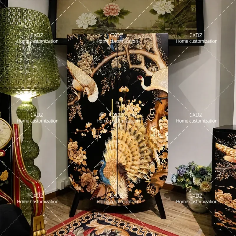 Chinese Style Solid Wood Tall Entrance Cabinet Dining Sideboard Multifunctional Wine Storage Locker Bedroom Wardrobe 38