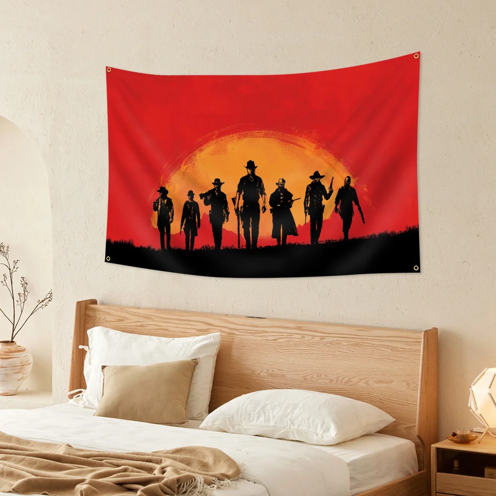 1pc Red Dead Redemption 2 Tapestry, RDR2 Cowboy Silhouette Wall Hanging, Cool Room Stuff, Large Size, Polyester 2D Print, Bedroo