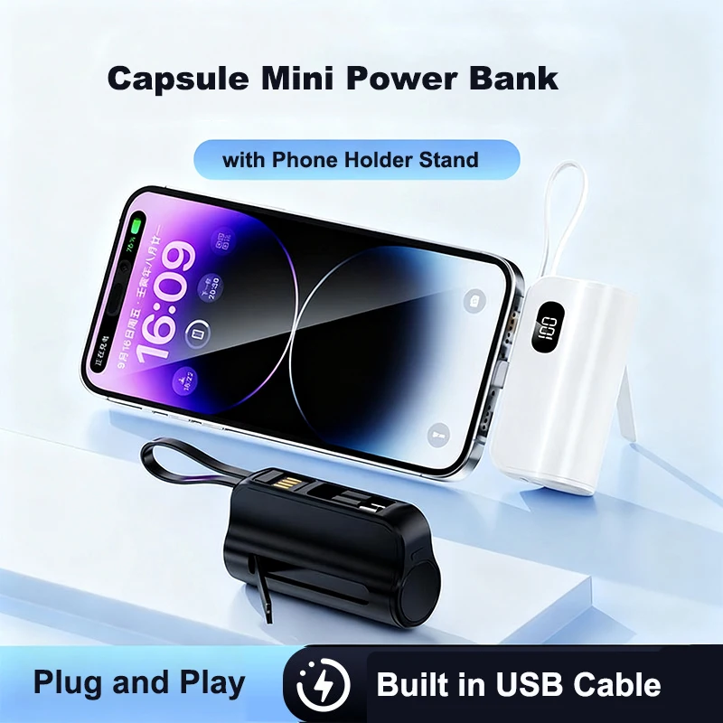 

5000mAh Mini Capsule Power Bank with Dual Plug Portable External Battery Fast Charger for iPhone Samsung Huawei Xiaomi Powerbank