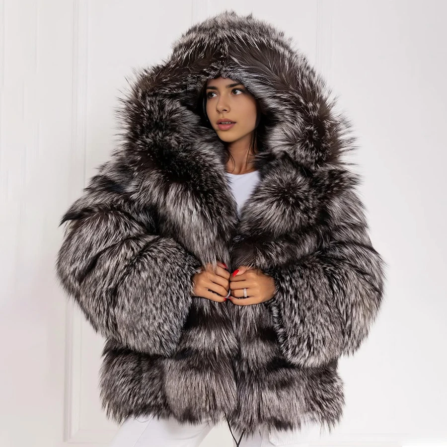 Echter silberner Fuchspelzmantel mit Kapuze, abgeschnittene Fuchspelzjacke, Damenjacke mit Naturfell, meistverkaufte Oberbekleidung aus echtem Fell