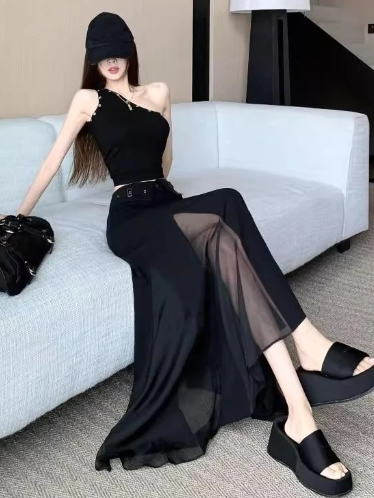

Gauze Patchwork Design Skirts Solid Color High Waist Pockets Female Slim Long Skirt Fashion Elegant 2025 New Women's Clothing
