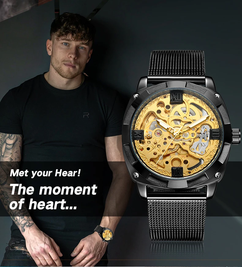 FORSINING Luxury Business Man Watches Automatic Mechanical Wristwatches Skeleton Movement Waterproof Mesh Steel Band Men's Clock