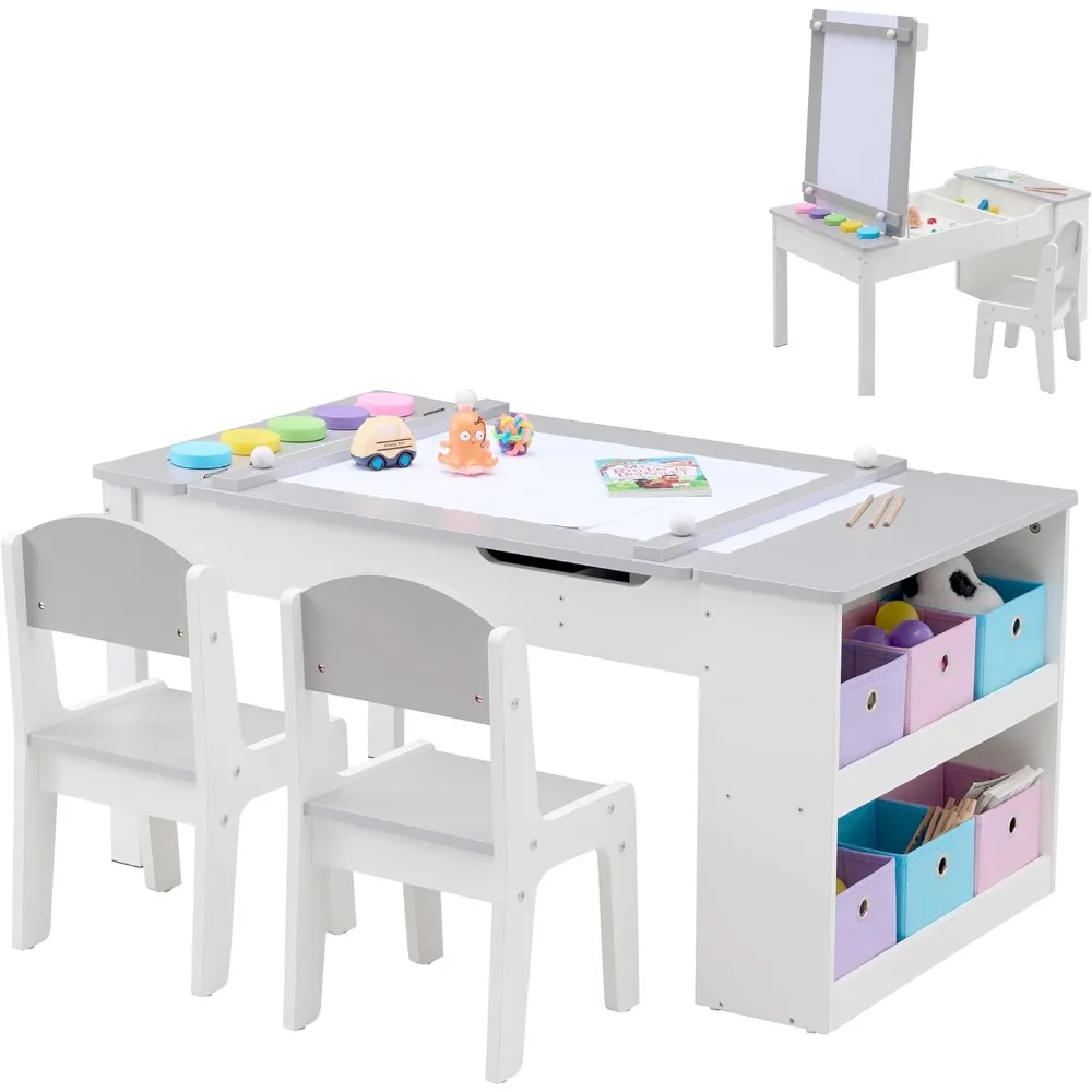 3 in 1 Kids Art Table, Wooden Children Activity Table and Chair Set with 6 Storage Bins, Paper Roller, Paint Cups for Draw