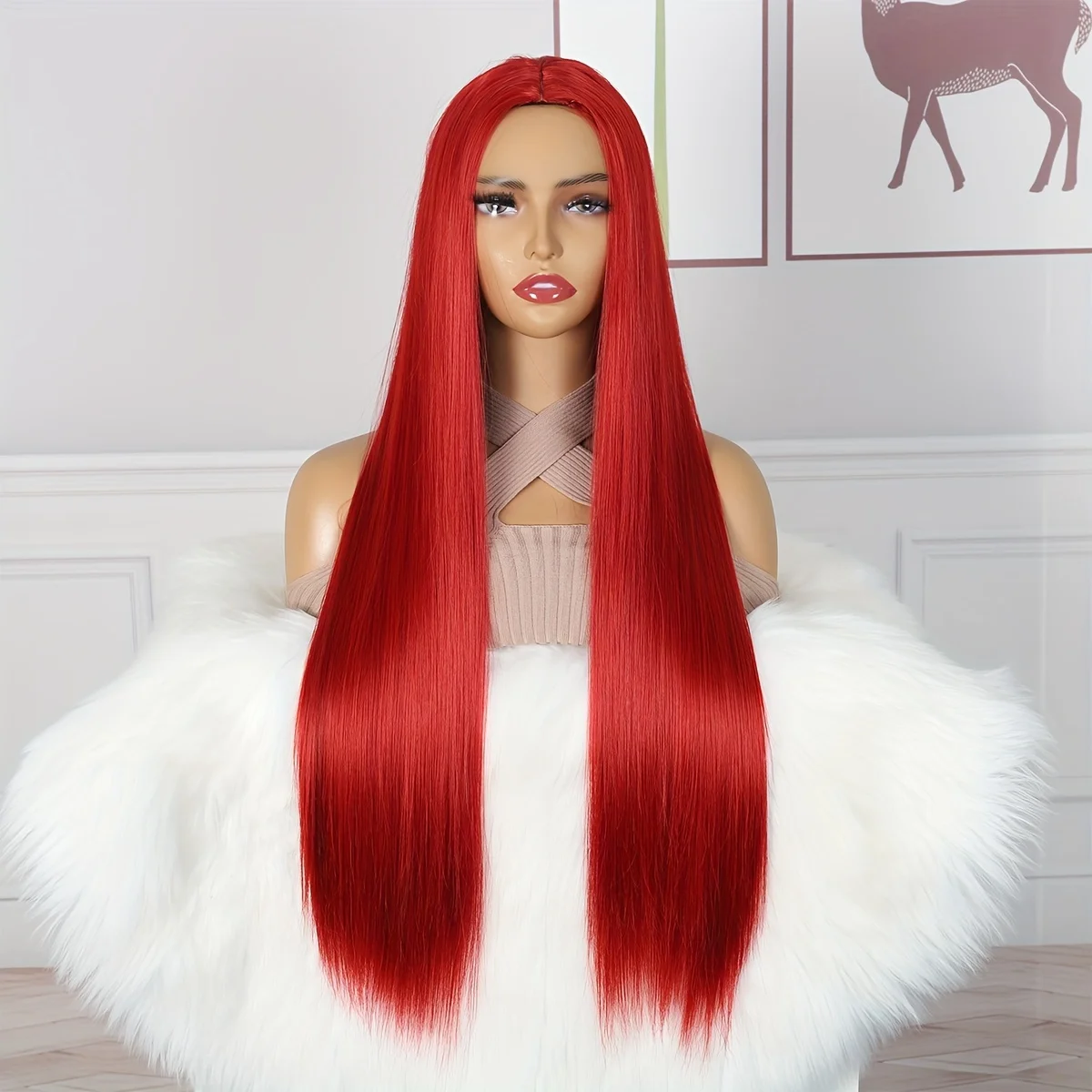 شعر مستعار صناعي أحمر متوسط الطول مستقيم للنساء للاستخدام اليومي في الحفلات، أغطية رأس كاملة مقاومة للحرارة الطبيعية