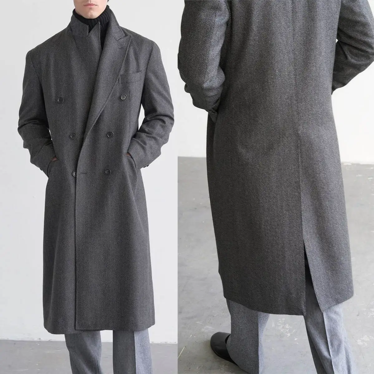 

Customized Men Suits Long Overcoat Herringbone Wool Blend Coat Formal Business Outwear One Jacket