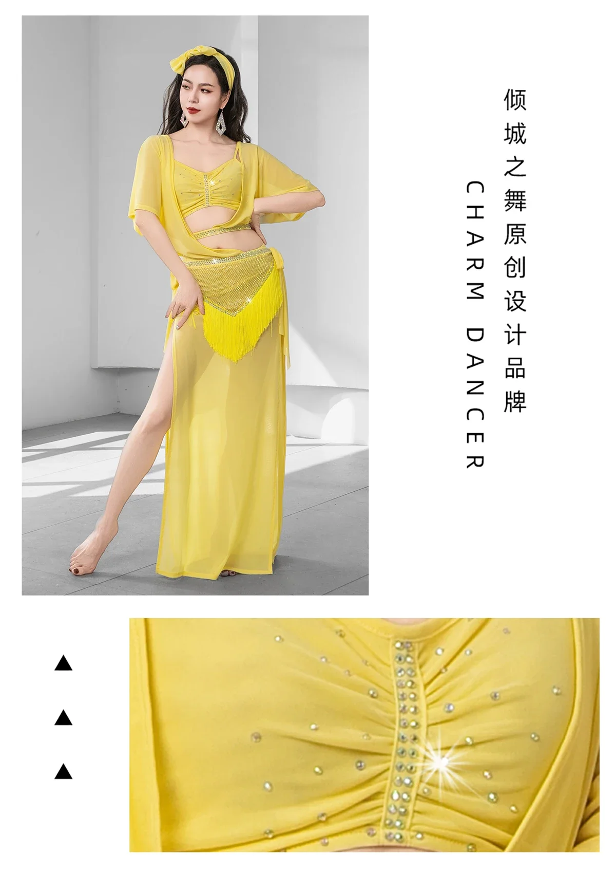 Kleid für Damen, Bauchtanz, Baladi-Kleid, Gruppenkleid für Volkstänze, Festliches Kleid, Kostüm für Wettbewerbe und Aufführungen, Robe mit Fransen, dreieckiger Gürtel, Neu. – Detail 9
