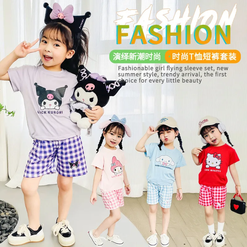 Anime Sanrio Hello Kitty Cinnamoroll Kuromi lucu anak-anak T-shirt Set musim panas baru longgar lengan pendek celana pendek dua potong Set hadiah