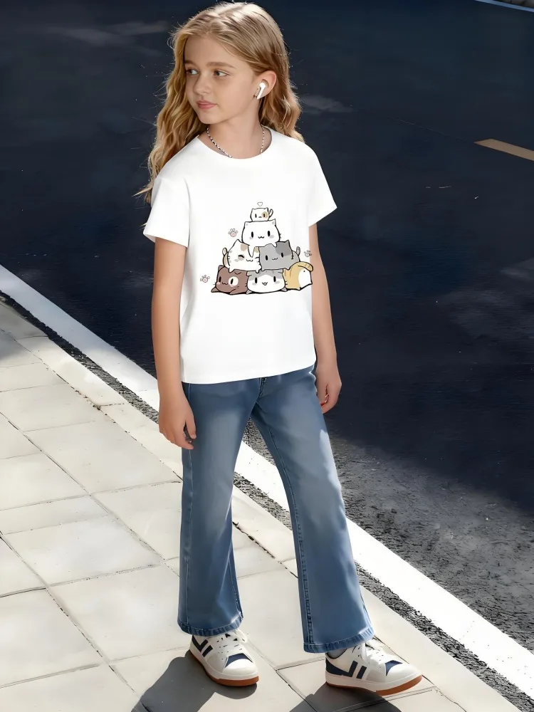 

Kids Children's Cotton T-Shirt Stacked Cats Group with Colorful Patterns and Paw Prints for Boys Girls Animal Lover Design​