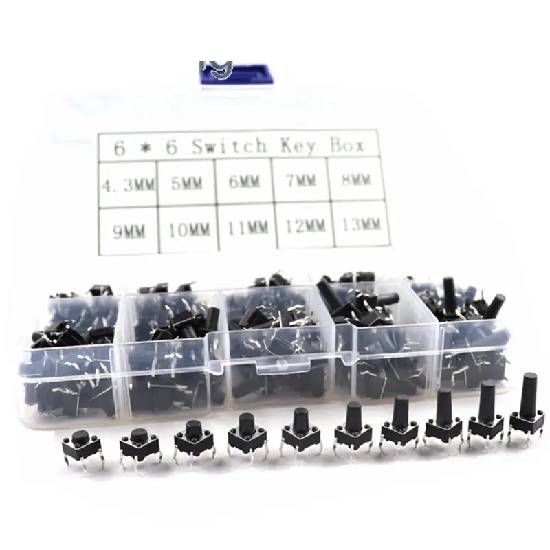 100Pcs/Box 6x6mm Tactile Tact Mini Push Button Switch DIP 4 Pin Panel PCB Momentary Switch 6x6x4.3mm/5/6/7/8/9/10/11/12/13mm