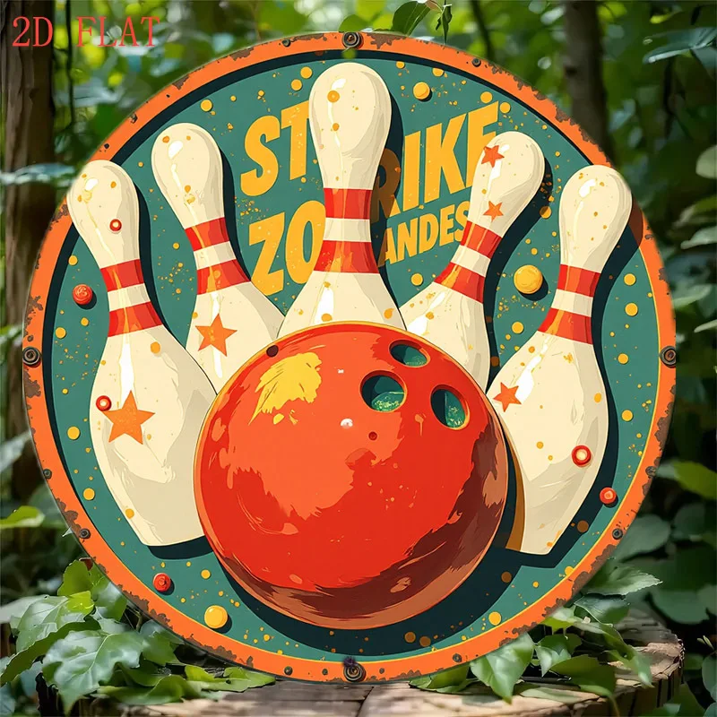 Bowling Ball and Pins with Stars and Strikes Vintage Style Design Round Aluminum Wall Round Sign | 1pc, Holiday Gifts 2D Flat