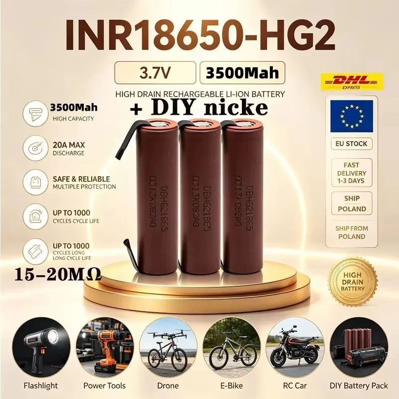 Livraison gratuite. Batteries rechargeables HG2 18650 3500 mAh, haute capacité de décharge, 30 A, batterie pour outils électriques, batterie pour tournevis.