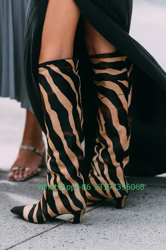 Lady pointed toe zebra w paski buty do kolan obcasy typu kitten buty na niskim obcasie zamszowe buty projektowe obuwie codzienne rozmiar butów 46