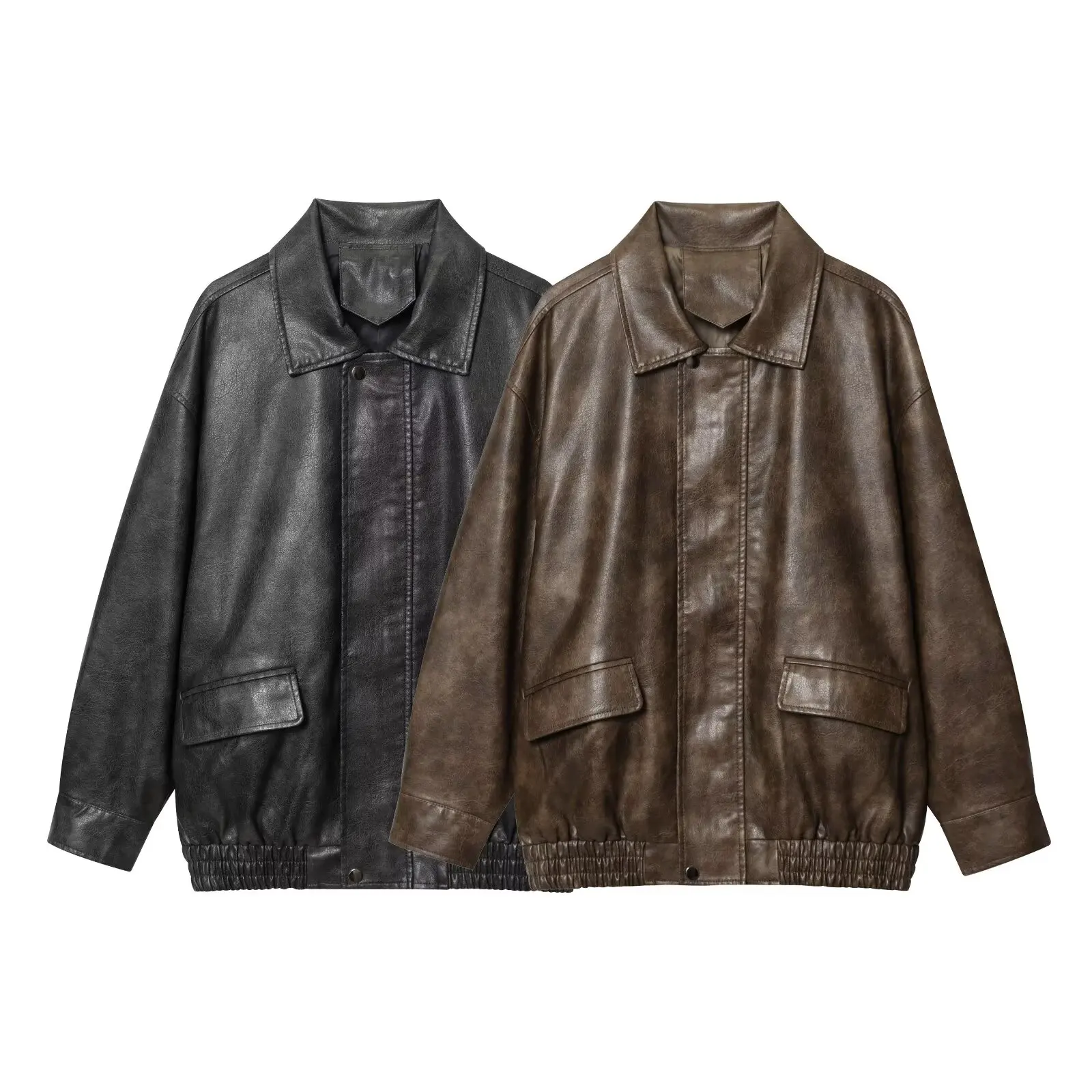 

DiYiG Women 2025 Autumn New Fashion Faux Leather Jacket Retro Long Sleeve Chic Lapel Zipper Loose Coat Outerwear Mujer