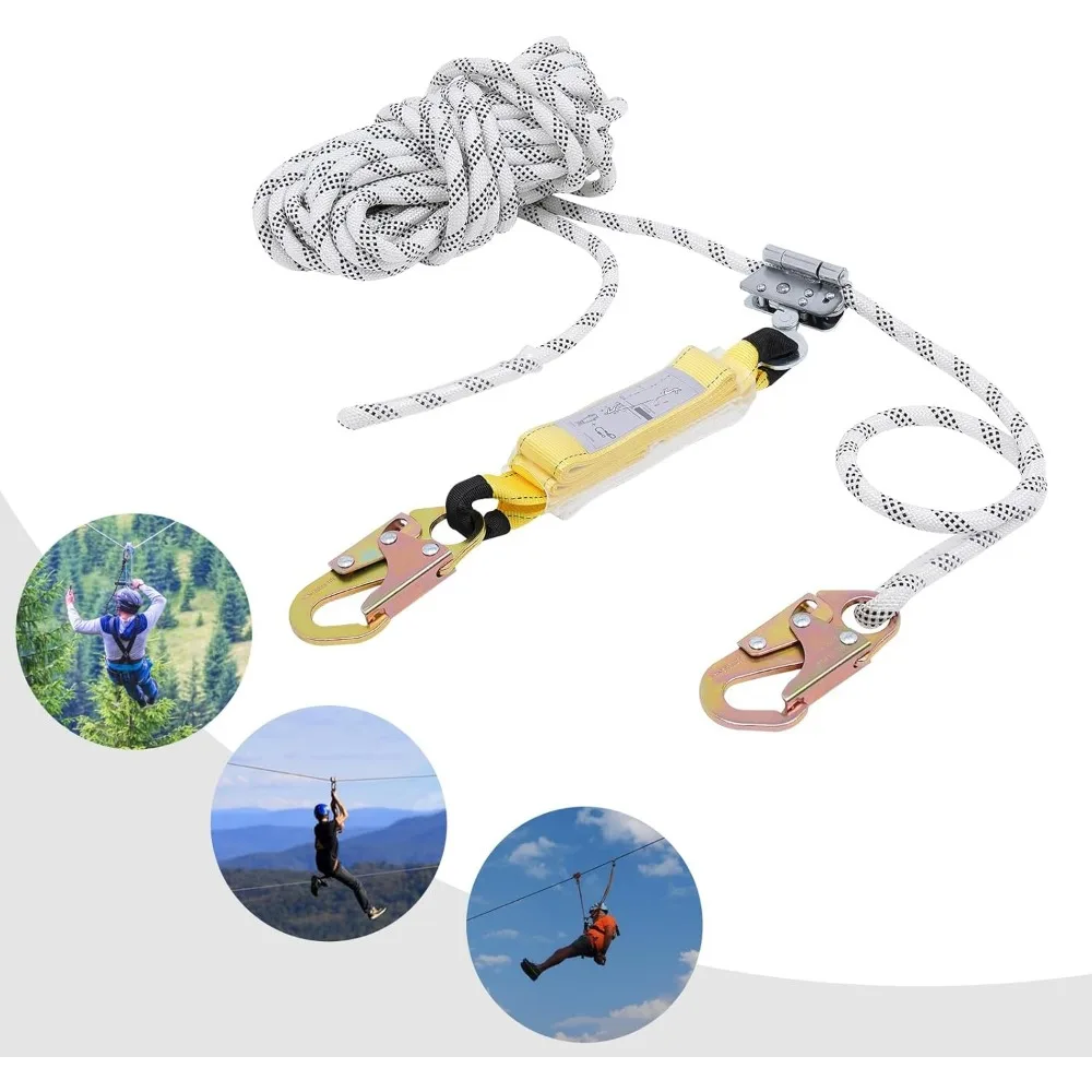 50ft Fall Protection Rope Polyester Roofing Rope with Alloy Steel Rope Grab Two Snap Hooks for Roofing Climbing Logging