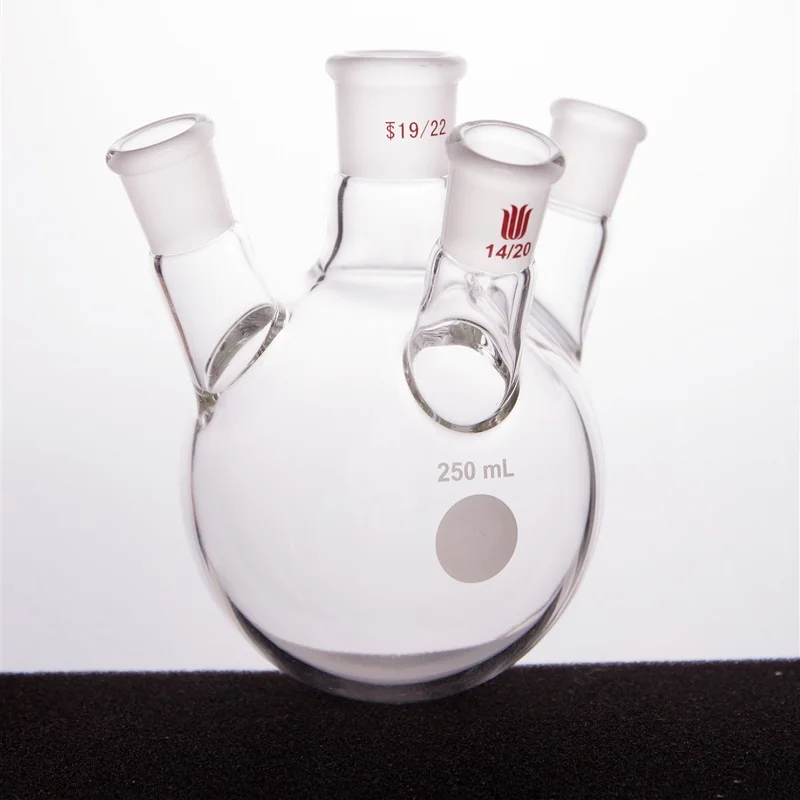 SYNTHWARE Thick walled oblique four necked bottle, Four-necked flask oblique shape, 100mL 250mL, Borosilicate glass, F22