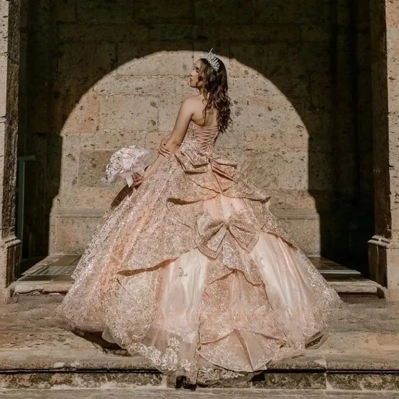 Vestido de Quinceañera de princesa de oro rosa brillante, vestido de baile con lazo, apliques de purpurina, cuentas de cristal, dulce 16, baile de graduación