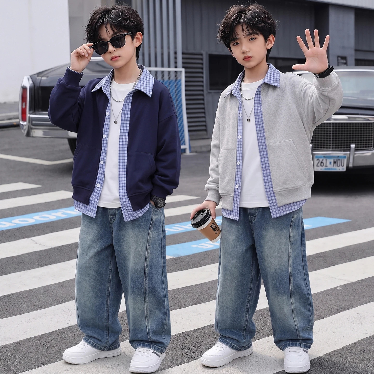 4-16 Years Kids Spring Autumn Fashion False 2-Piece Cardigan Children Plaid Collar Knitted Sweater Boys Casual Lapel Coat