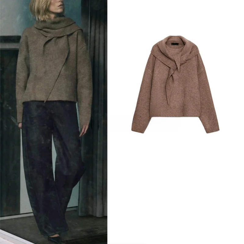 

Autumn Winter New Women's Lazy Sle Side Split round Ne Long Sve Knitwear Scarf Matching ort Length Polyester Fiber