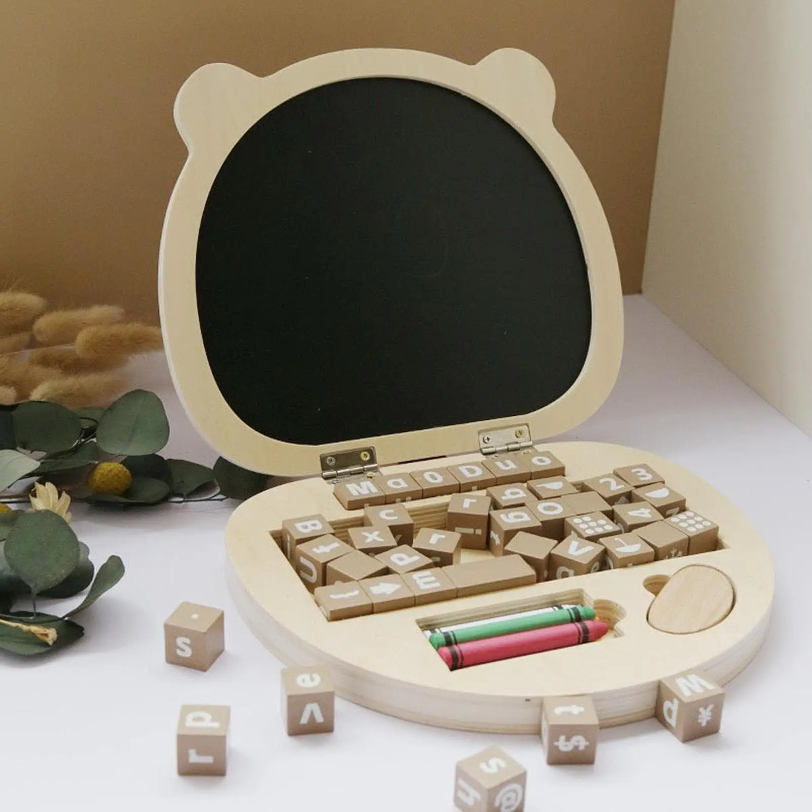 Kids Toy Laptop Drawing Pad Early Education Wooden Computer Pretend Play Set for Weather Letters Directions Numbers Painting