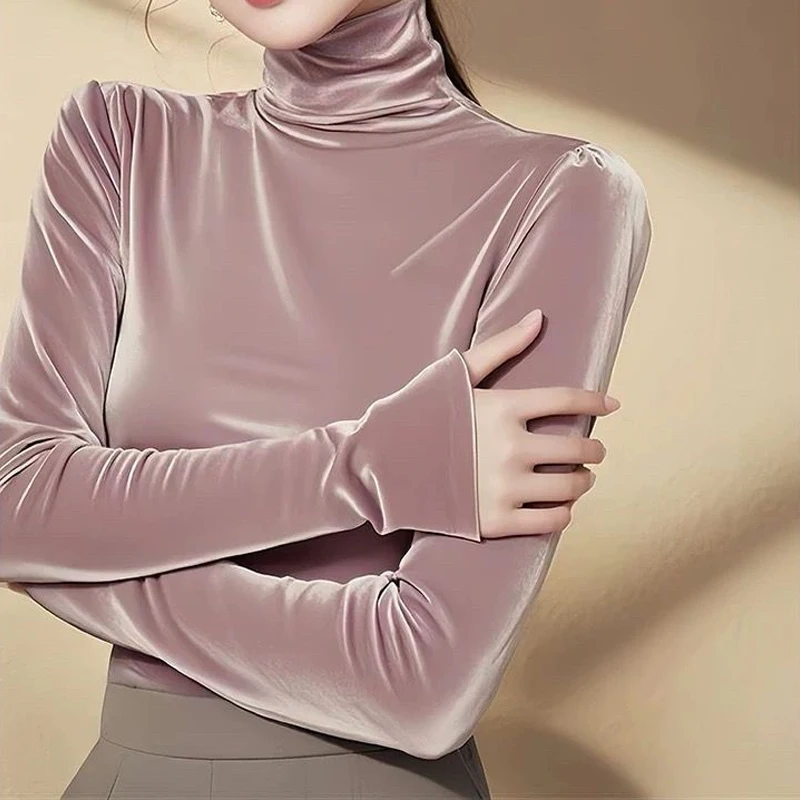 

Элегантная облегающая футболка с высоким воротом и длинным рукавом для осени и зимы, модный корейский стиль, женская одежда