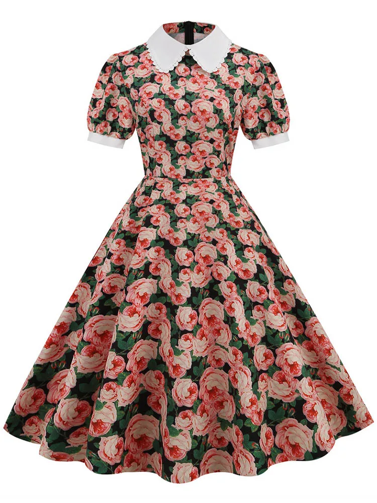 S ~ 3XL Nữ Midi Đầm In Hoa Cổ Peter Pan Dự Tiệc Sang Trọng Đầm Tay Phồng Vintage Sundress