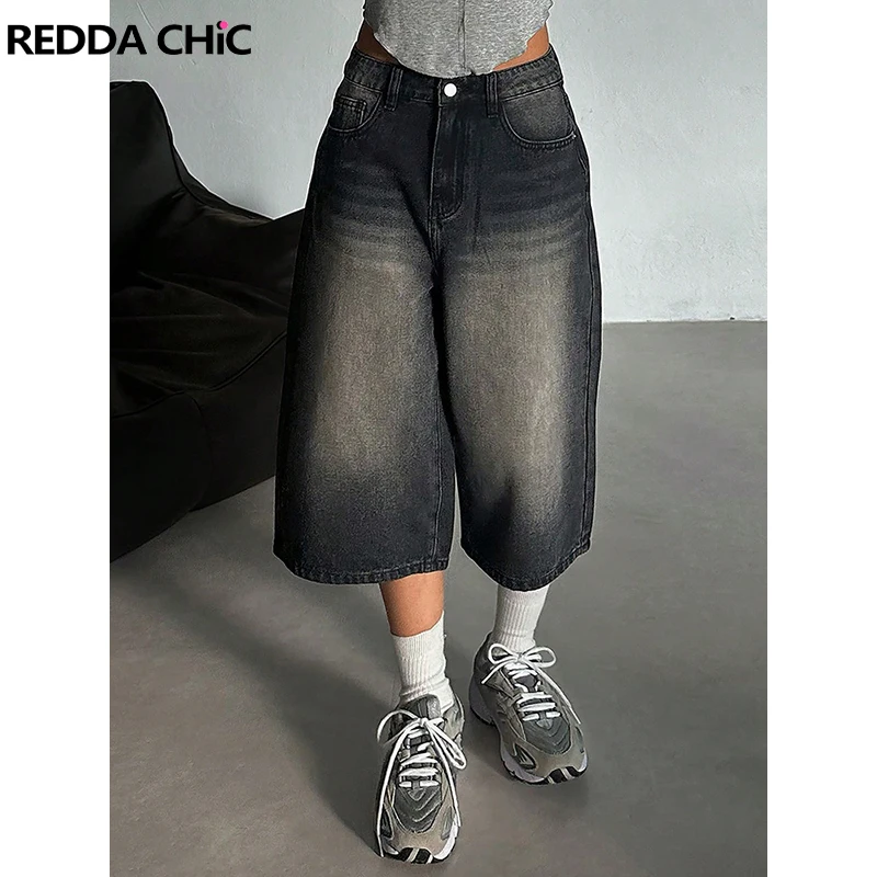 REDDACHiC Jeans distressed para mujer, estilo jorts, cortos, boyfriend, negros, de tiro bajo, rectos, con efecto whiskers, holgados, tipo bermuda, vintage, streetwear