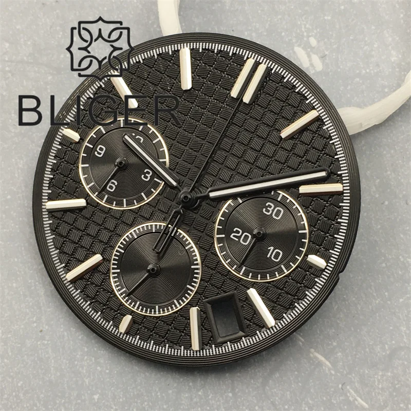 BLIGER 31.5mm VK63 Quartz Watch Dial Hand Set Black Panda Dark Blue Dial With Luminous Index For VK63 Chronograph Watch Parts