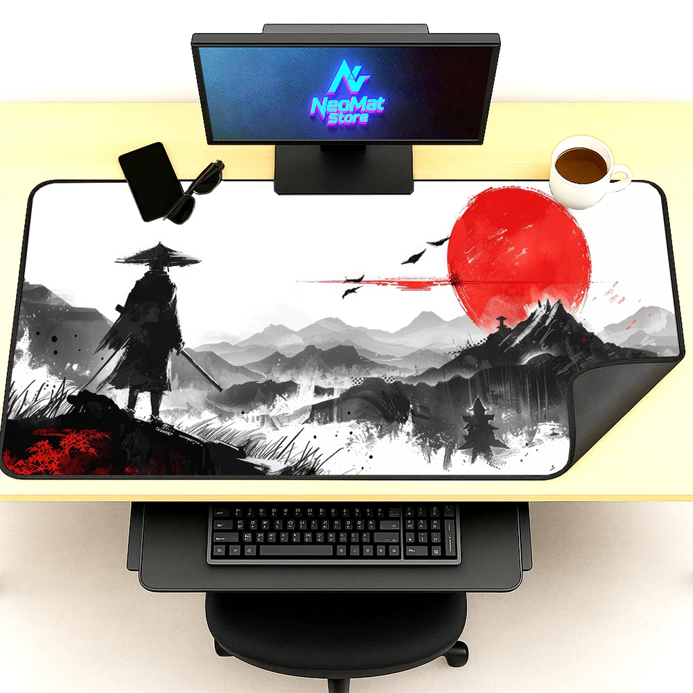 Monte fuji mousepad samurai acessórios de mesa grande tapete de computador preto e branco mouse pad antiderrapante teclado anime