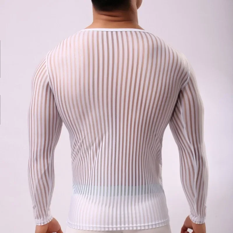 Mens Stripe Undershirt Breathable Slim Mesh Tees Shirt See Through Sheer Long Sleeves T Shirts Sexy Transparent Shirt Underwear