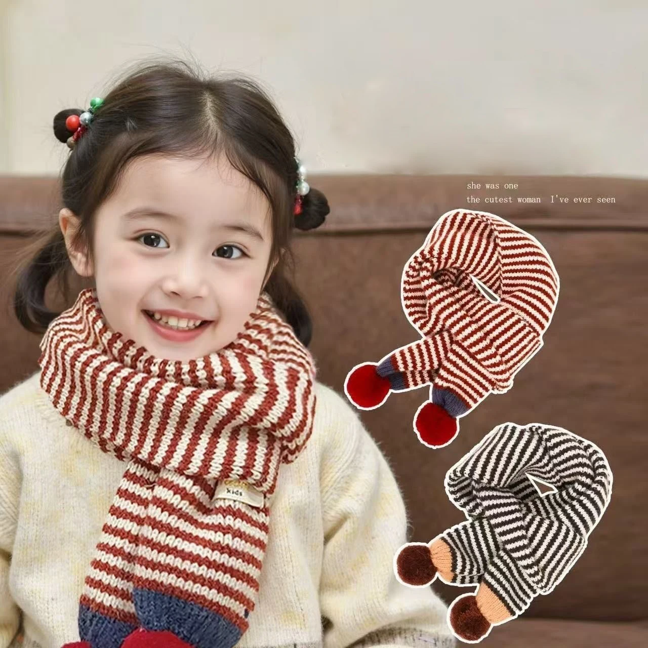Thickened Knitted Children's Scarf Warm Stripe Neck Warmer Windproof Winter Autumn Scarf for Boys And Girls with Cute Pom Poms