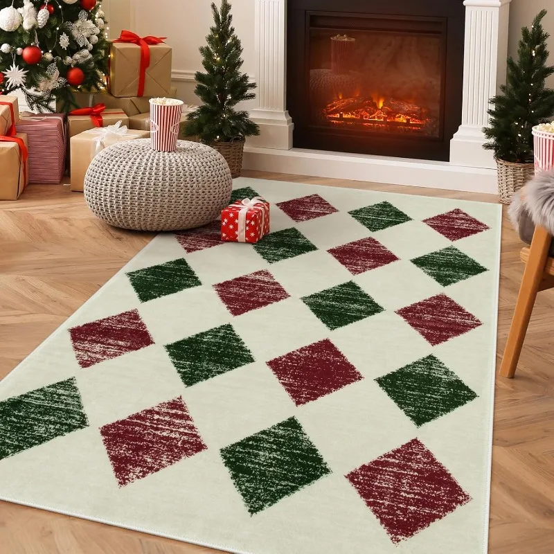 

Christmas Carpet Machine Washable Area Rugs for Entryway Holiday Soft Indoor Floor Throw Winter Bathroom Red Green Decorative