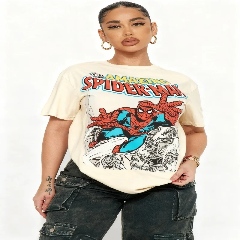 เสื้อยืดคู่รักลายการ์ตูนดิสนีย์ สไปเดอร์แมน&สไปเดอร์โกสต์สำหรับผู้หญิงผู้ชายแขนสั้นผ้าฝ้าย 100% เสื้อยืดลำลองแฟชั่นท็อปส์