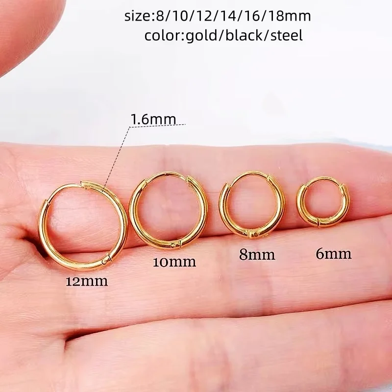 Boucles d'oreilles créoles rondes en titane, placage IP, sans décoloration, sans allergie, acier noir et or, document SION l, 1.6mm