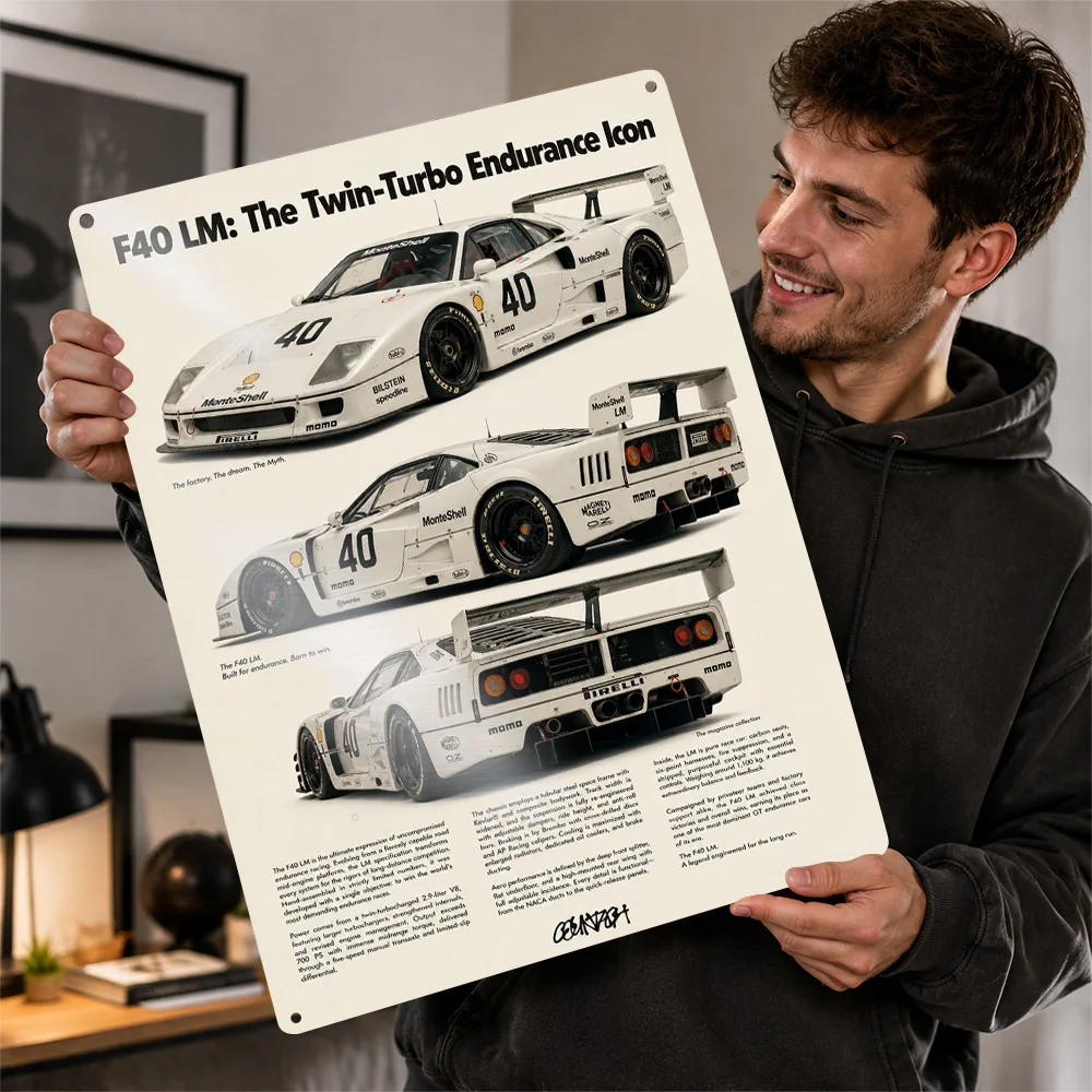 Italy F40 LM White Endurance Race Car Aluminum Poster Customized Metal Tin Sign Circuit Champion Style Wall Art Ideal For Home