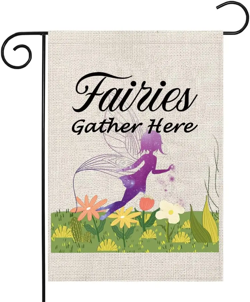 PWHAOO Welcome Fairy Garden Flag Fairies Gather Here Garden Flag Fairy Lovers Gift Garden Fairy Decor (Fairies Gather Here F)