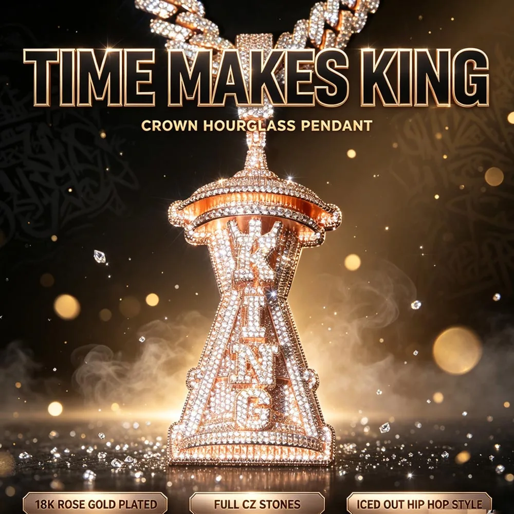 Iced Out Hip Hop Time Sandglass Pendant 5A Cubic Zirconia Fully Paved 18K Gold Plated Bold Statement Jewelry for Men Handcrafted Bling King Letter Charm Luxury Streetwear Cuban Chain Necklace Accessory Sparkling CZ Diamond Bling Fine Jewelry Gifts for Men