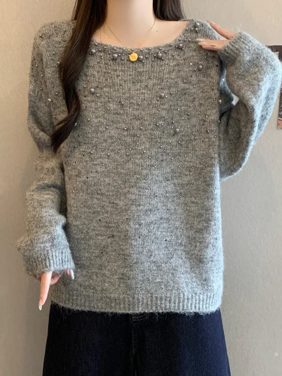 Heavy Embellished Diamond Knitted Sweater Women's Spring Autumn plus Size Slimming Beautiful Base Layer Top Korean Style