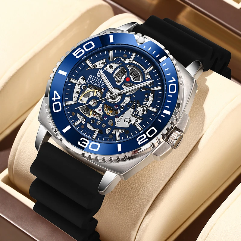 RUIGE Fashion Hollow Men's Fully Automatic Watch Stainless Steel Mechanical Movement Waterproof Night Light Business Watch