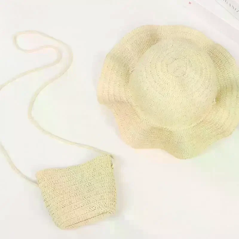 Summer Children's Wavy Edge Wide Brim Straw Hat And Woven Bags Travel Beach Sun Cap