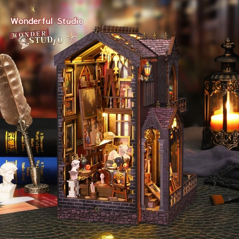 

Diy Book Nook Kit Bookend Kit Wooden Doll House Bookshelf Insert Decor With Warm Light 3d Puzzle Assembly Building Model Gifts