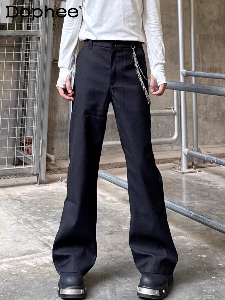 

Мужские осенние новые высококачественные стильные костюмные брюки 2021, универсальные прямые длинные брюки High Street, модные широкие брюки с металлической цепочкой