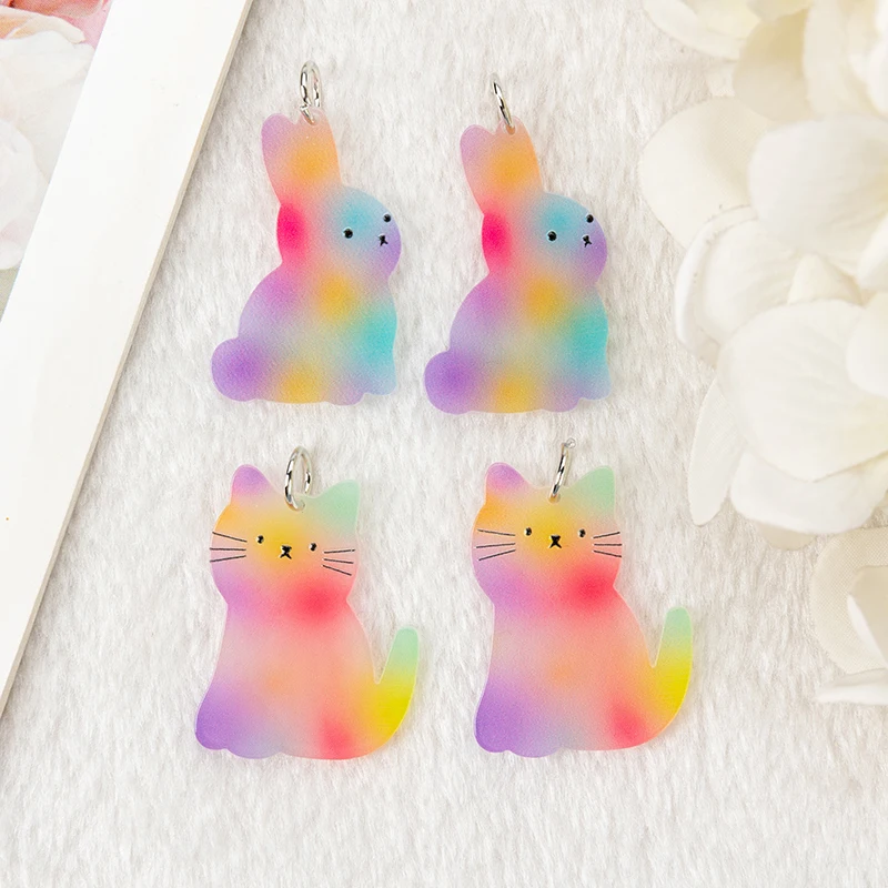 10 Pcs Acrylic Cute Cat Charms Flatback Cartoon Rainbow  Rabbit Jewelry Findings For Earrings Keychain Diy Making