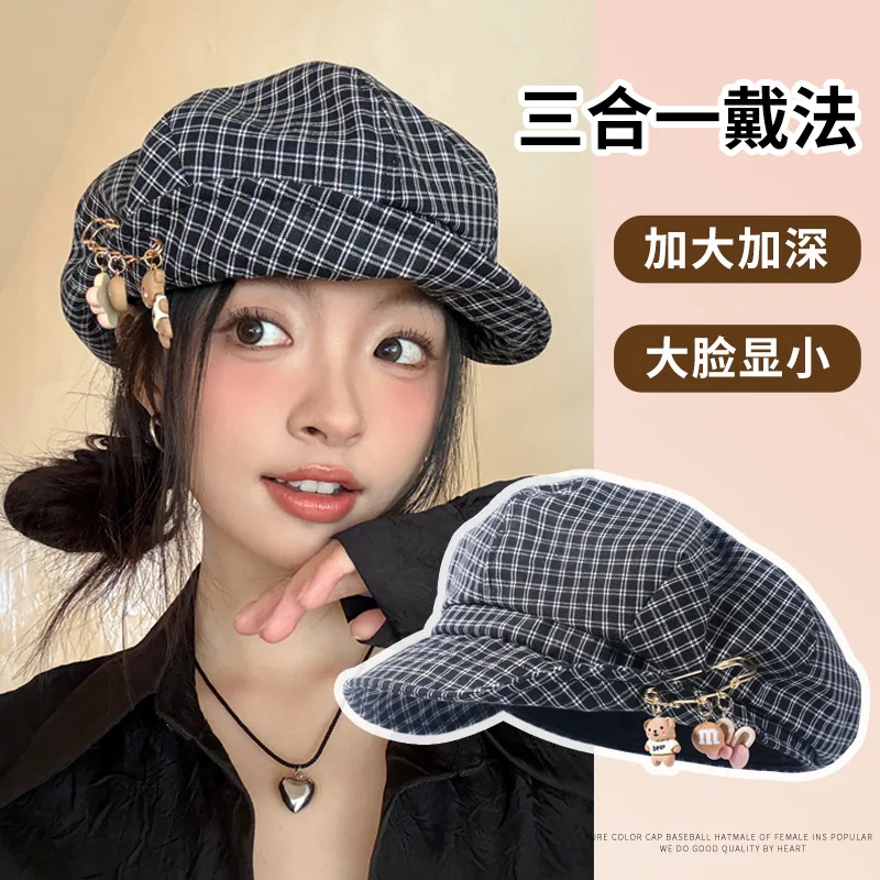 

Japanese Minority Plaid Beret Women's2025New Versatile Artistic Retro Face-Showing a Little Cloud Octagonal Cap