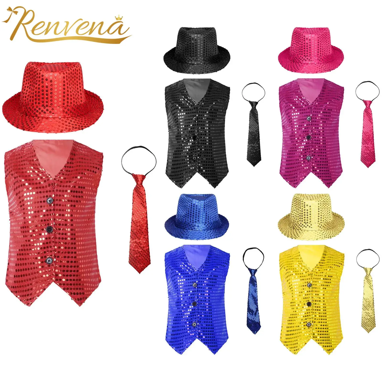 

Kids Boys Girls Sleeveless Vest V Neck Sequins Waistcoat with Hat Necktie Jazz Dance Costume Performance Clothes Dancewear Sets